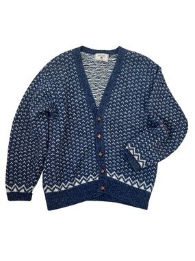 Vintage Wool Birdseye Knit Cardigan Grandpa Sweater Mens Medium Blue V-Neck